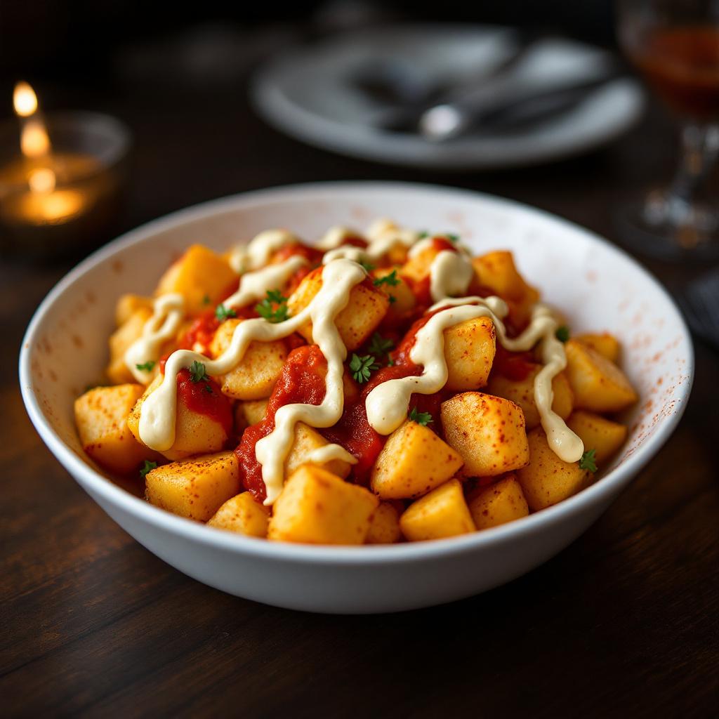 Patatas bravas with double sauce, paprika red on top and garlic aioli alongside