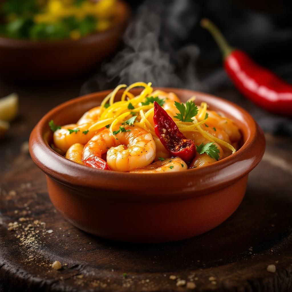 Sizzling gambas al ajillo in a small terracotta cazuela with garlic and chili