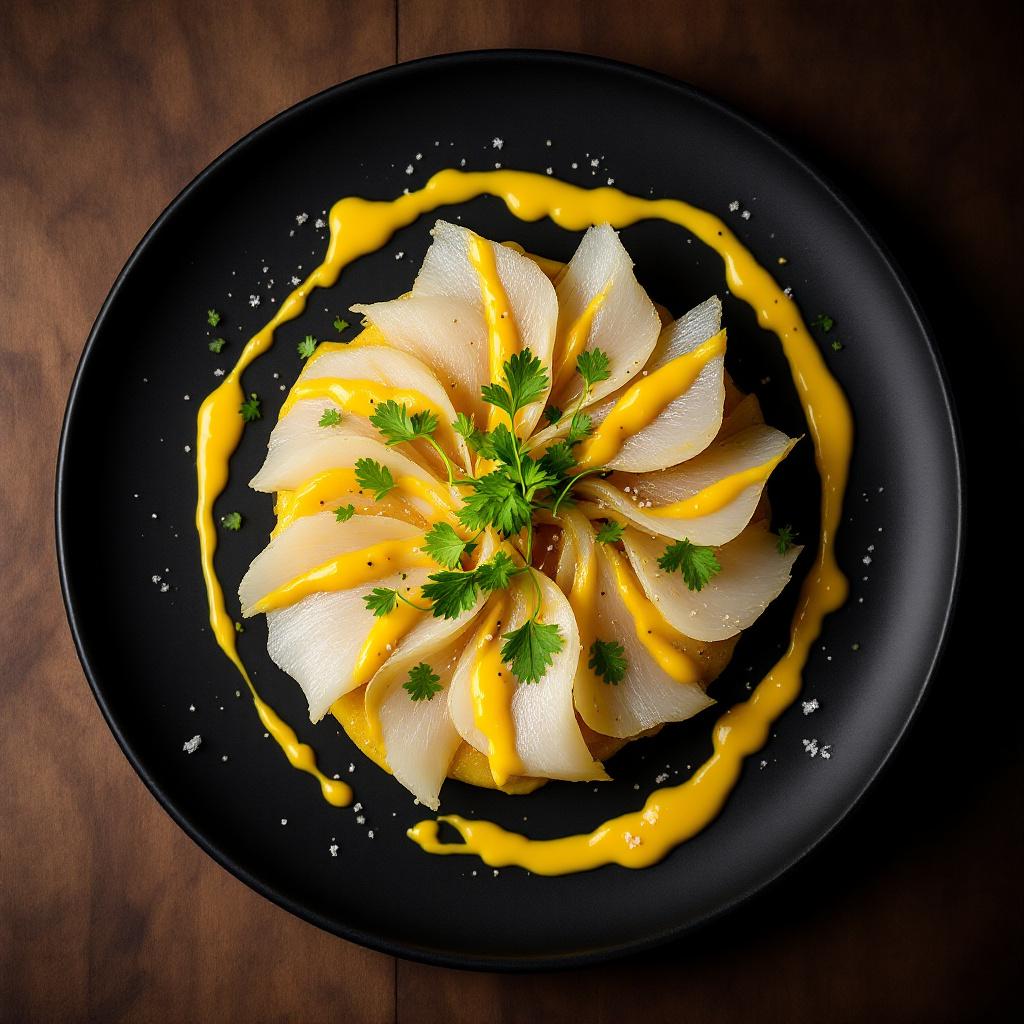 Tiradito with thin slices of white fish on a black plate, drizzled with vivid yellow aji amarillo cream sauce and topped with cilantro micro leaves