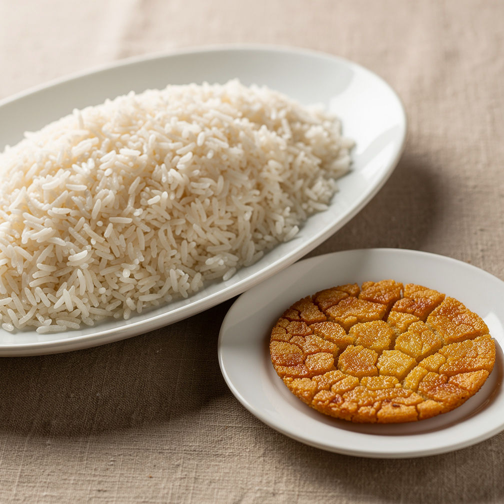 Plain Persian chelow rice mounded on a white platter with golden tahdig disc beside it