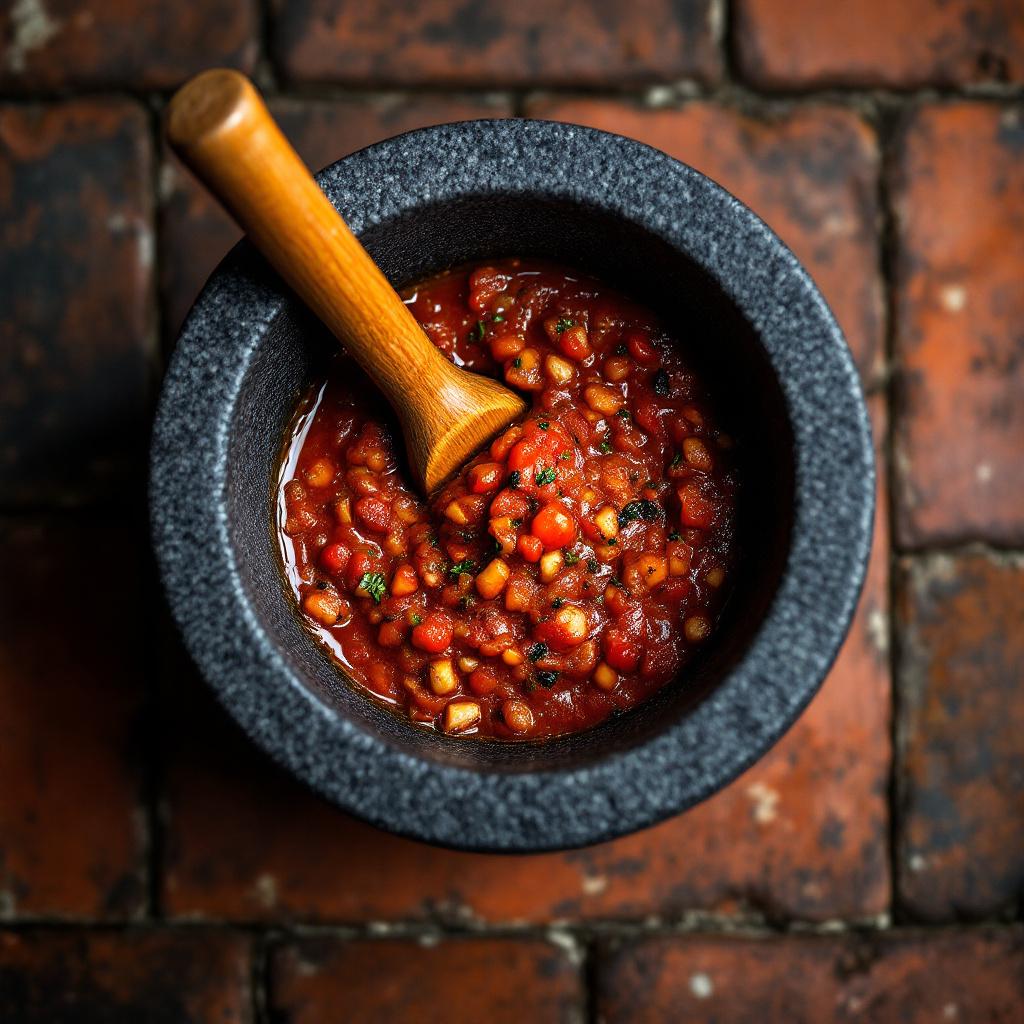 Rust-red molcajete salsa with visible chunks of charred tomato and chile
