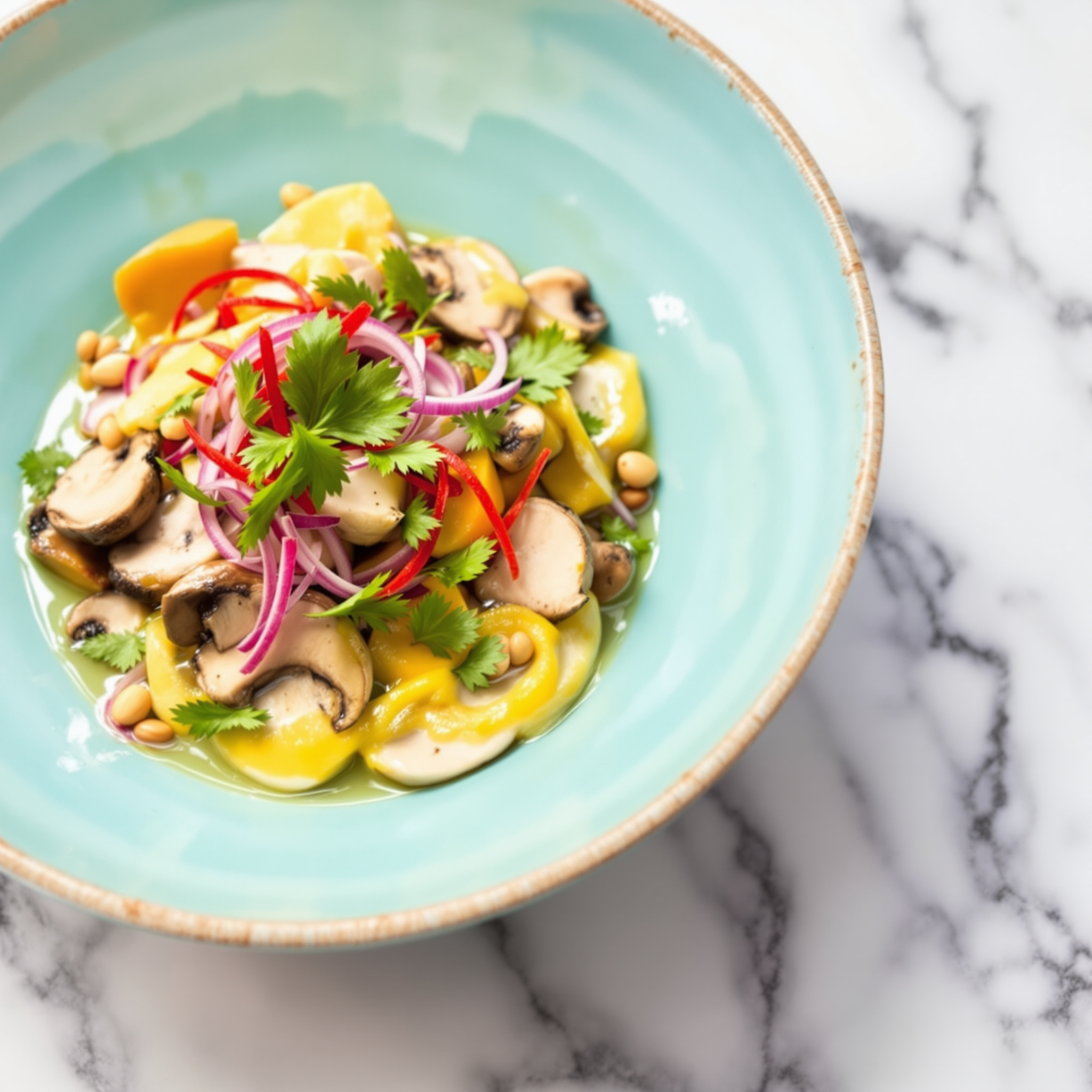 Vegetarian mushroom ceviche with sliced king oyster and cremini mushrooms in lime juice, red onion, yellow aji amarillo, cilantro, on a turquoise plate