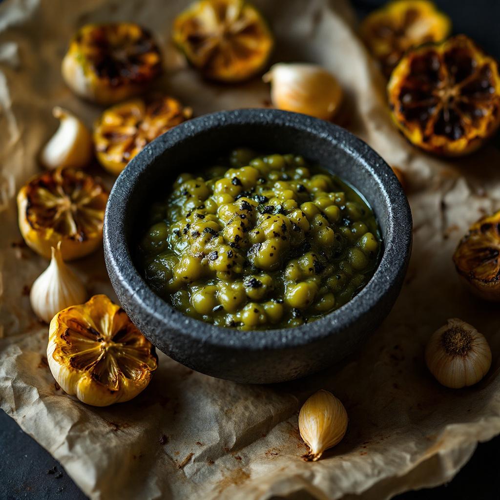 Charred tomatillo salsa with blackened spots in a small dark stone bowl