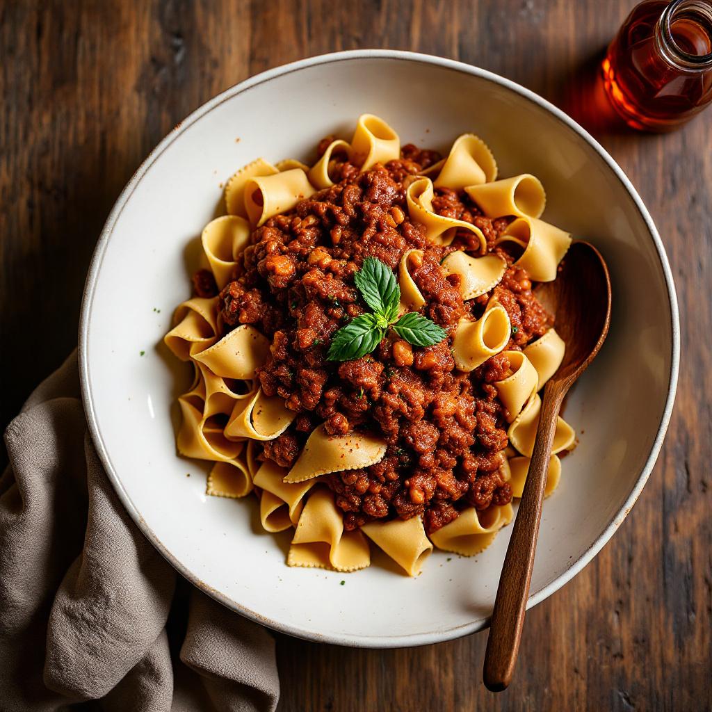 Wide ribbons of tagliatelle coated in slow-cooked meat ragu in a wide pasta bowl