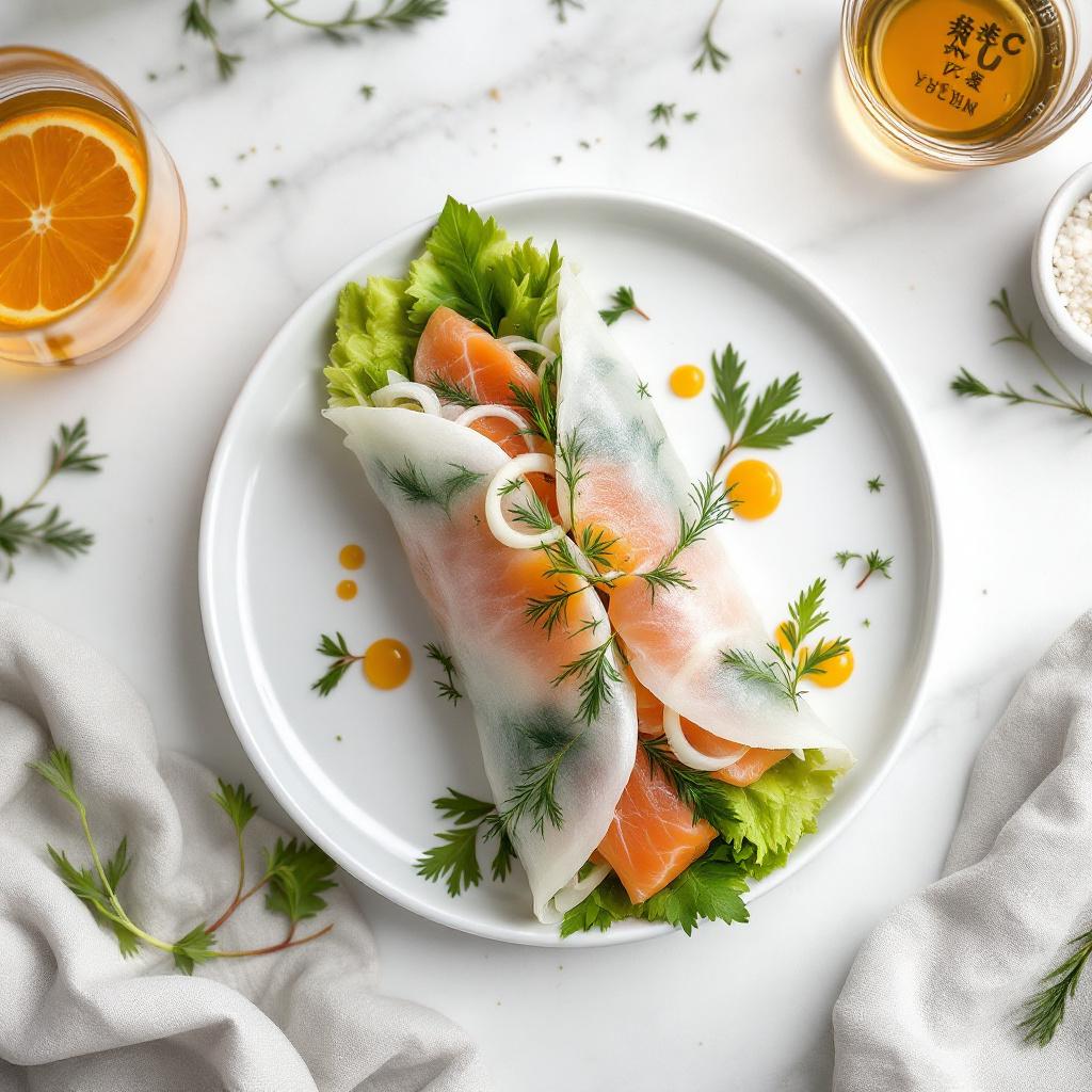 Cured salmon rice paper roll with pink salmon slices, white pickled daikon, and dill