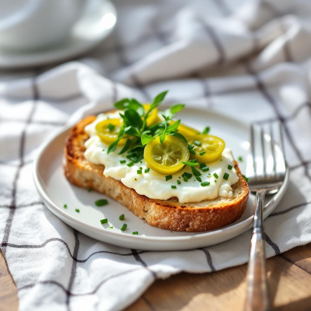 Egg mayonnaise tartine topped with watercress and sliced cornichons
