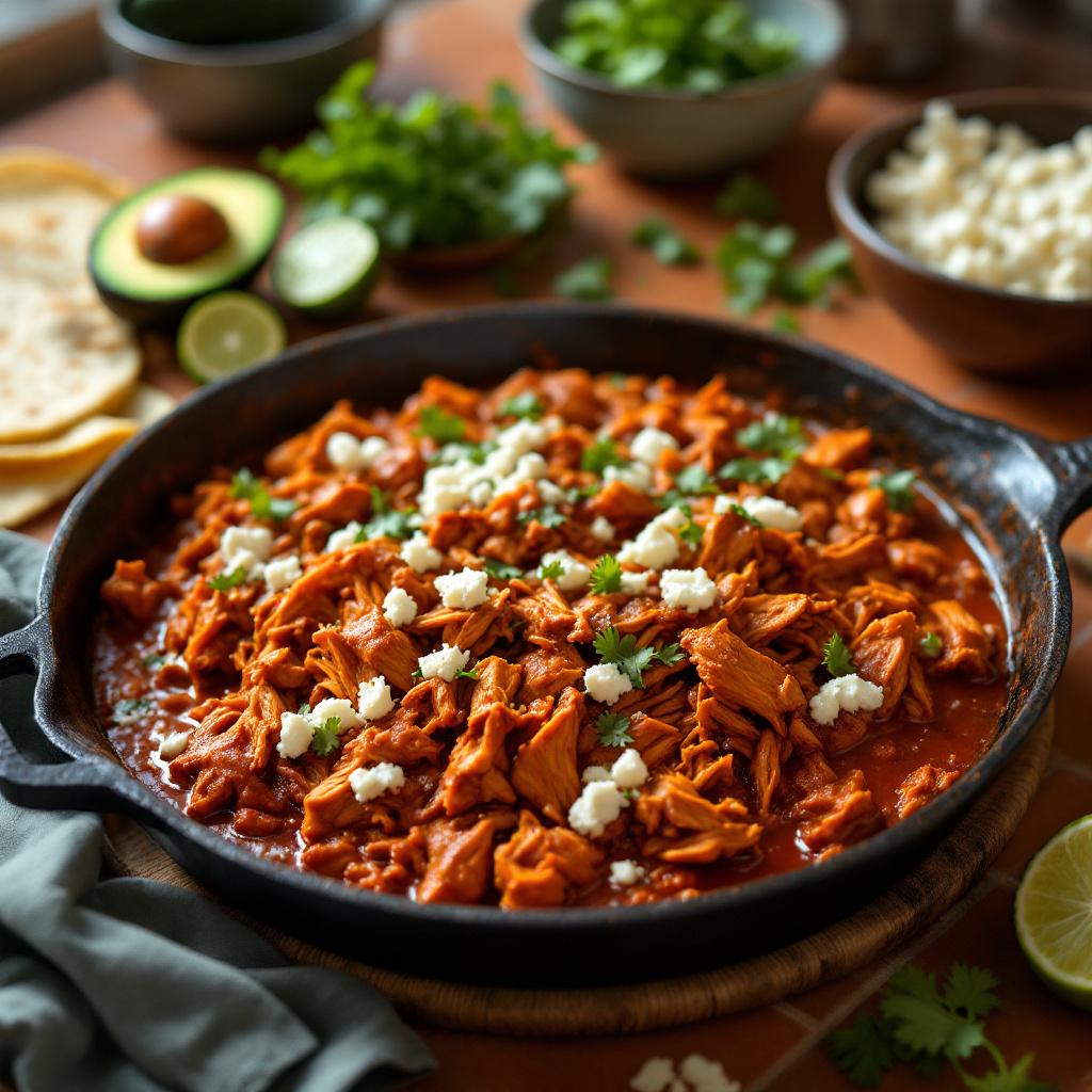 A cast iron skillet of shredded chicken tinga in a smoky red sauce, served with warm corn tortillas, sliced avocado and lime