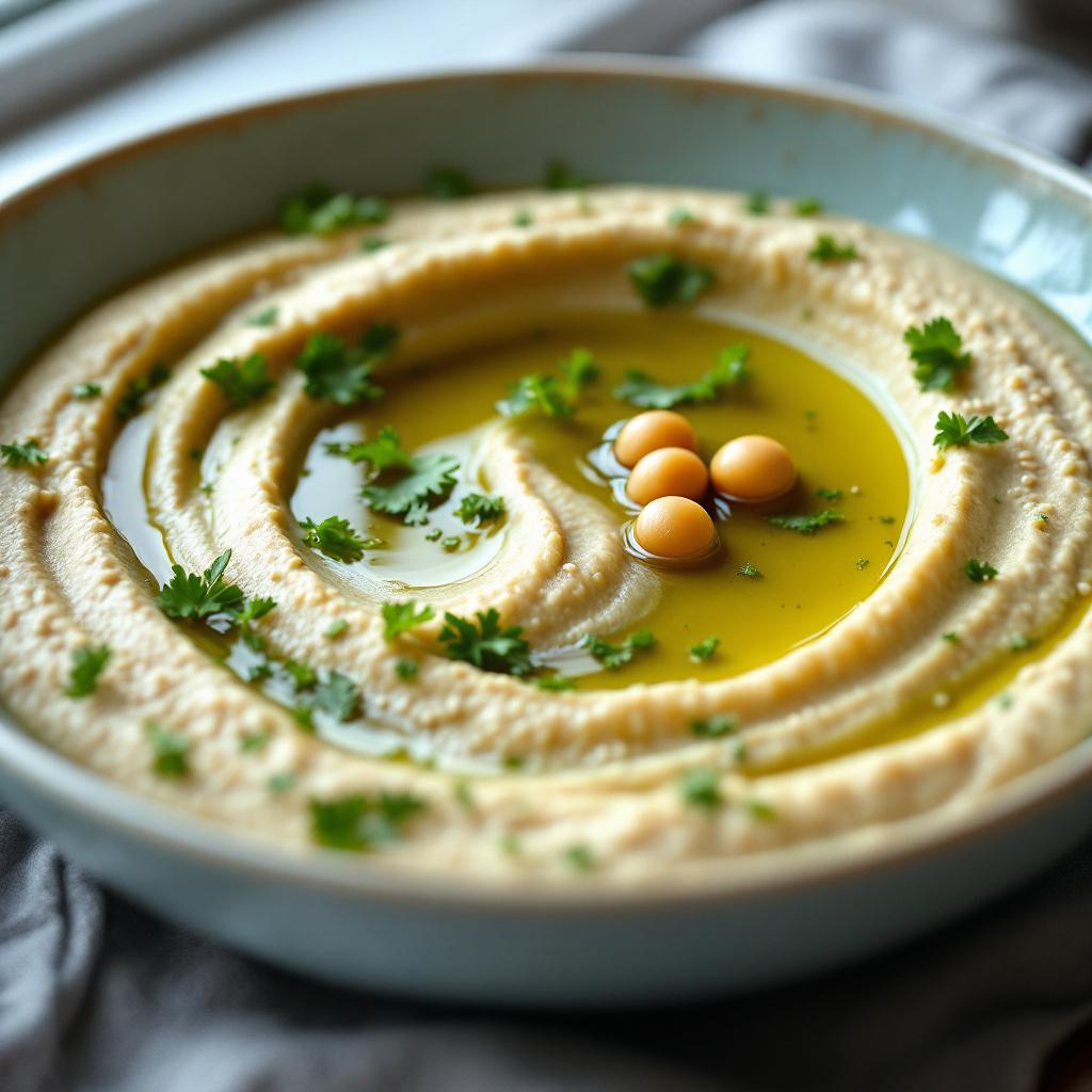 Bowl of Beirut-style hummus topped with chopped parsley, green chile and olive oil