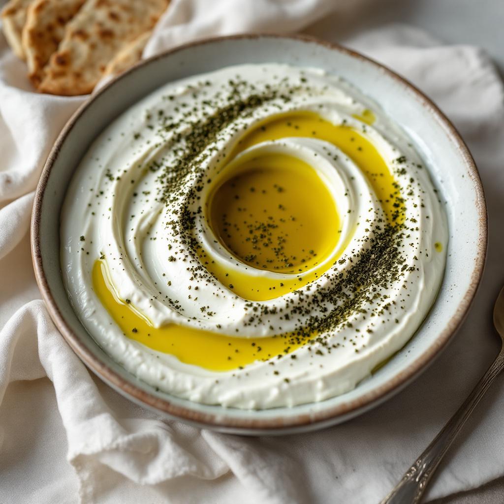 White labneh in a wide bowl with a deep swoosh, dusted with za'atar and olive oil