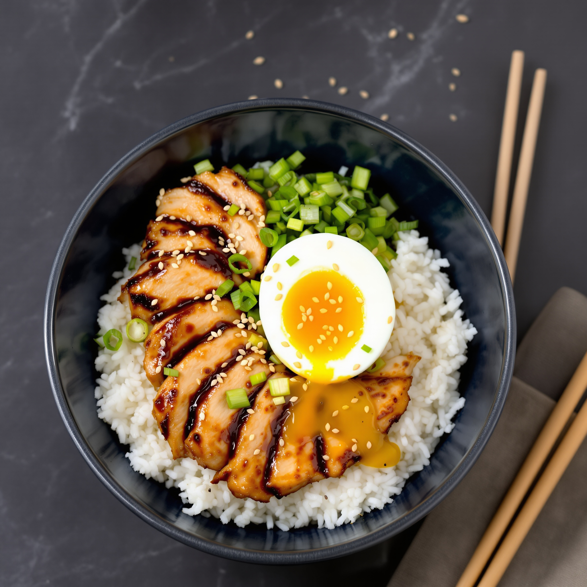 Japanese chicken donburi meal prep with glossy soy-glazed chicken thigh slices over short grain rice and scallions