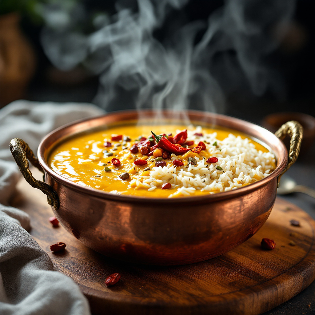 Close-up lifestyle shot of an Indian turmeric lentil dal bowl, golden yellow dal over basmati rice in a deep copper pot, finished with a tempering of cumin seeds and dried red chili in ghee, steam visible, warm amber kitchen light