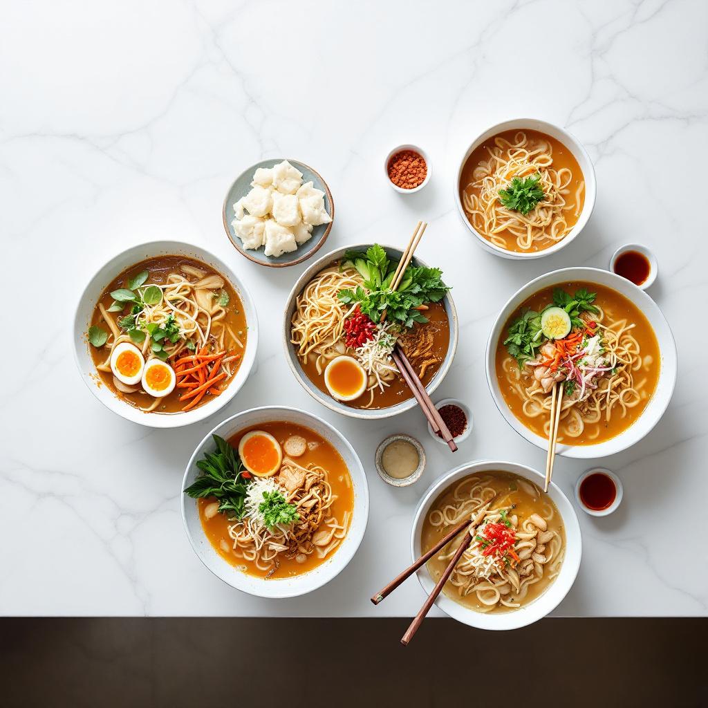 Side by side bowls of six different Asian noodle soups arranged on a marble counter