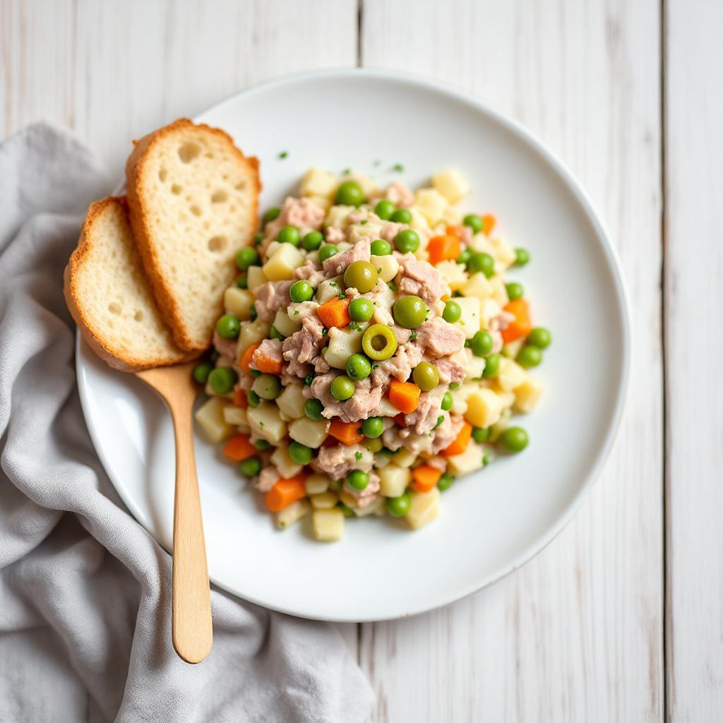Ensalada rusa mounded on a small plate topped with tuna and olives, breadstick alongside