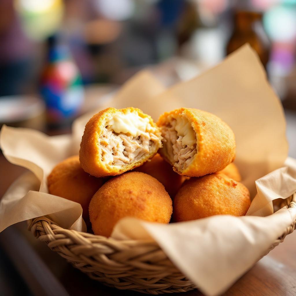 Golden coxinha teardrops piled in a market basket