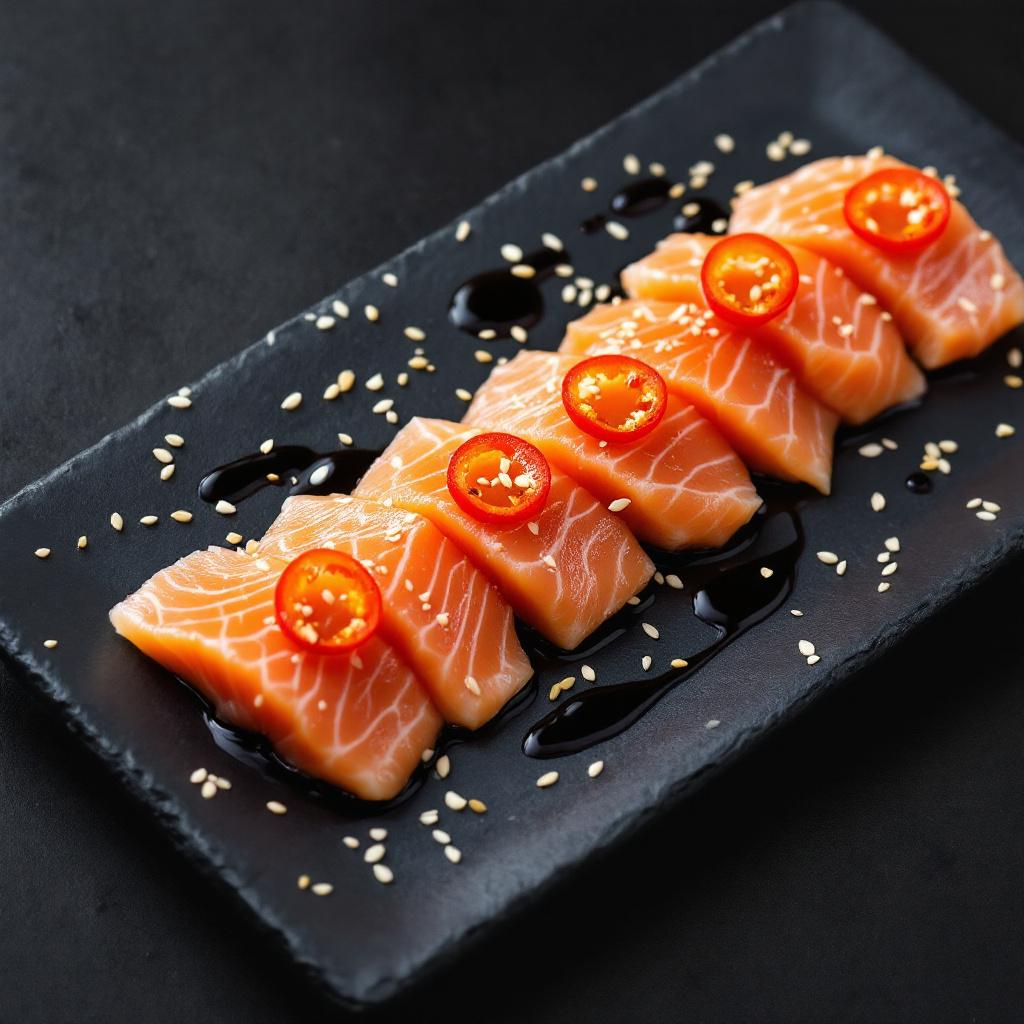 Salmon tiradito Nikkei style, coral pink slices fanned on a dark slate plate, dotted with red aji limo rings and toasted sesame seeds, drizzled with soy-yuzu sauce