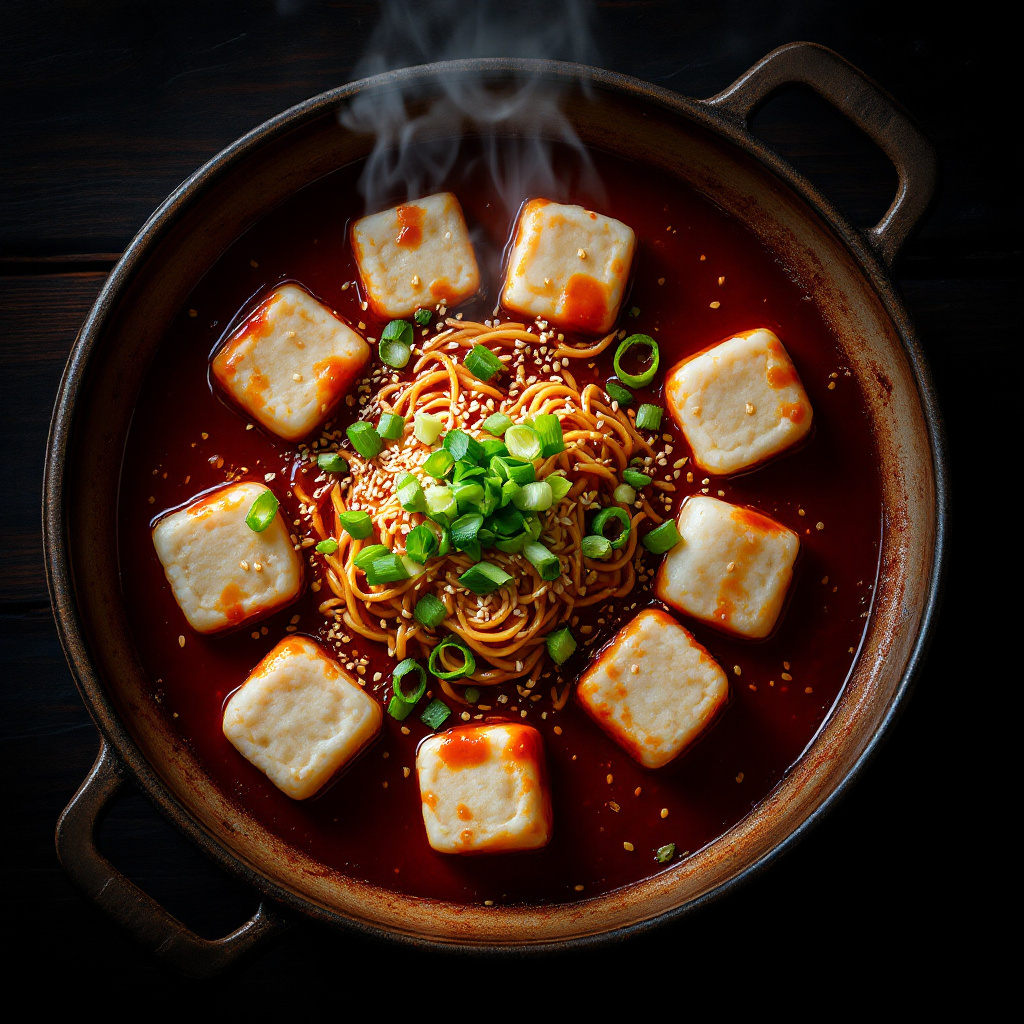Korean tteokbokki in a wide shallow pot, cylindrical rice cakes and fish cake slices coated in glossy, deep-red gochujang sauce, garnished with sesame seeds and sliced spring onion, steam visible, dramatic top-down shot on a dark wooden surface