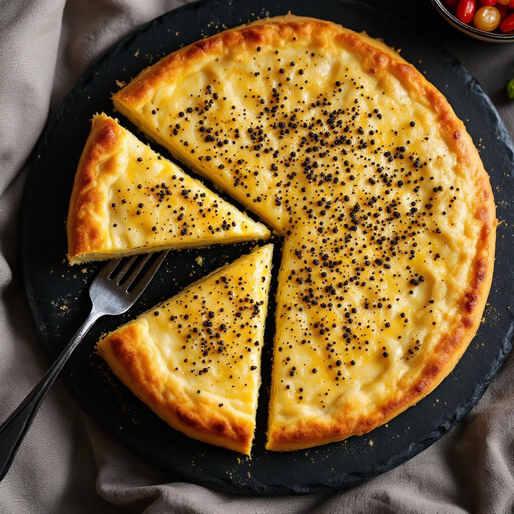 Ossetian khabizgina potato cheese bread cut into wedges on a slate plate