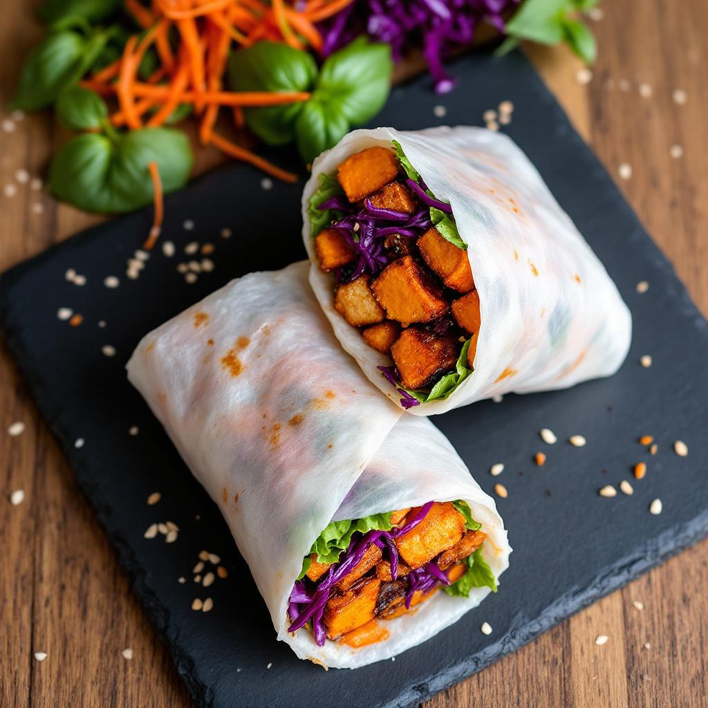 Tamarind tofu and roasted sweet potato rice paper roll with vivid orange and purple cabbage