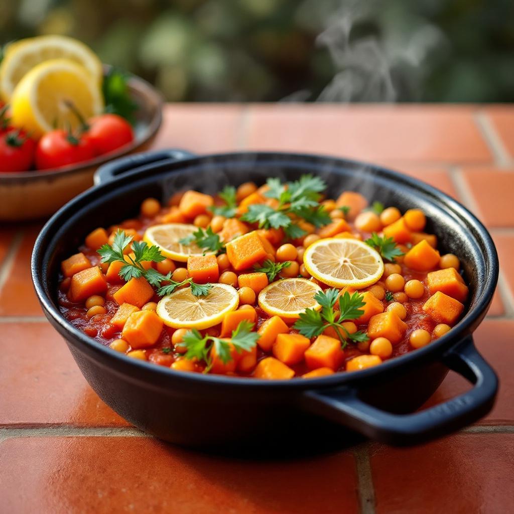 Moroccan chickpea and butternut squash tagine in a dark cast iron pot with cilantro and preserved lemon