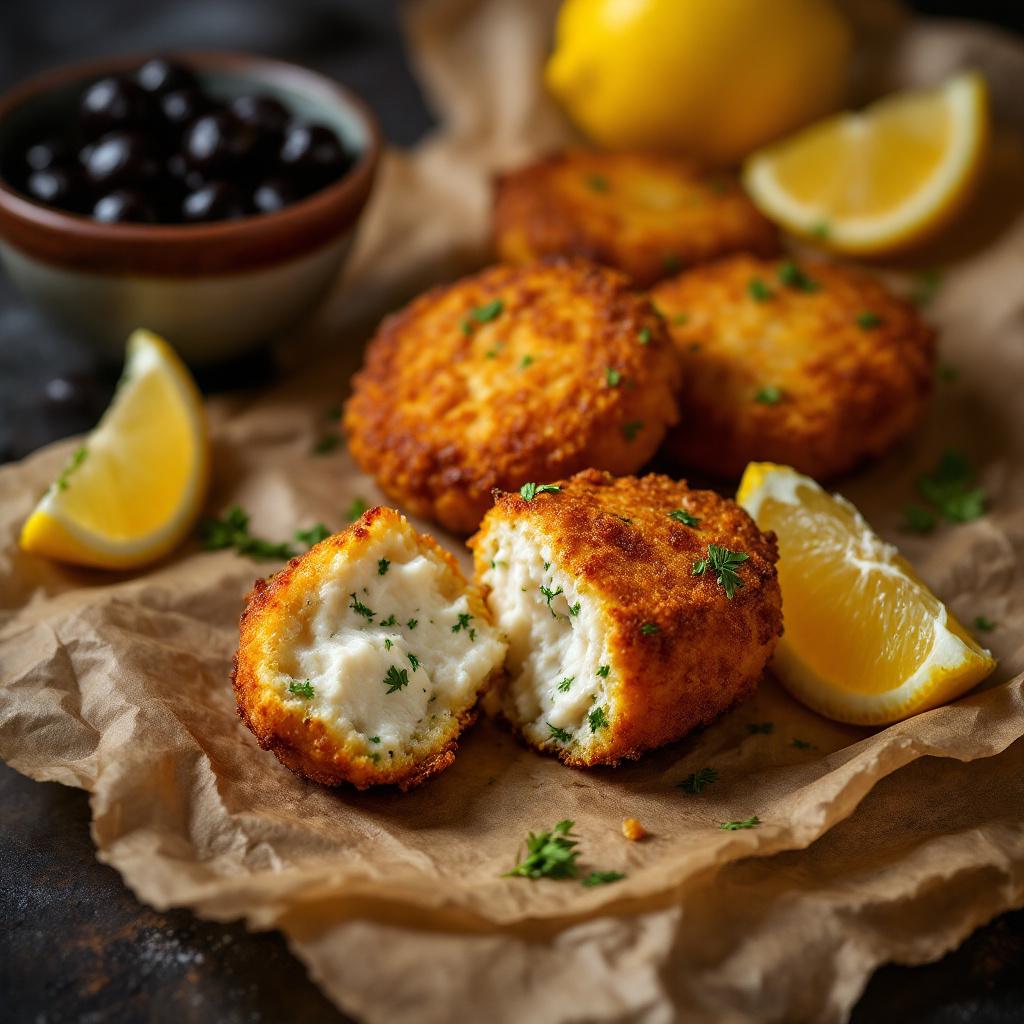 Oval salt cod fritters golden brown on parchment