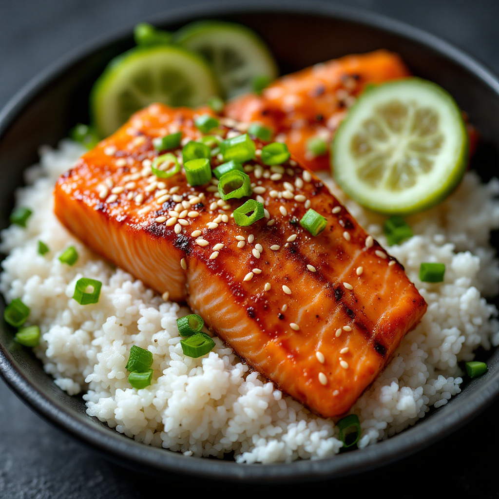 Macro close-up of a Japanese miso salmon donburi bowl, glazed salmon fillet over steamed short-grain rice, topped with thinly sliced scallions, sesame seeds, and pickled cucumber, dark slate background, cool side lighting