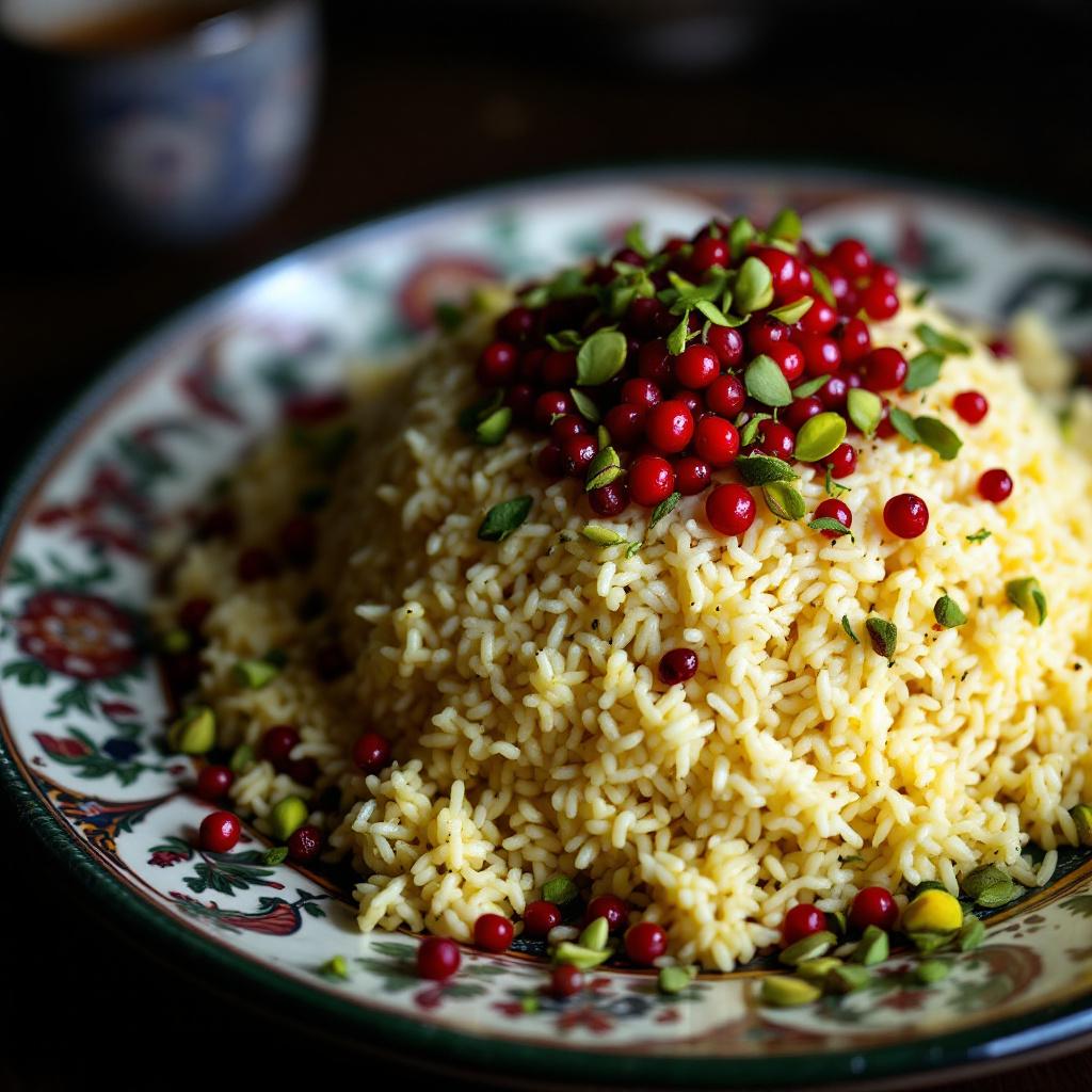 Zereshk polo with red barberries scattered over saffron yellow and white rice, pistachio slivers