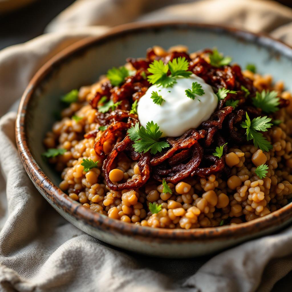 Lebanese mujadara in a shallow ceramic bowl topped with deeply caramelized fried onions and a dollop of yogurt