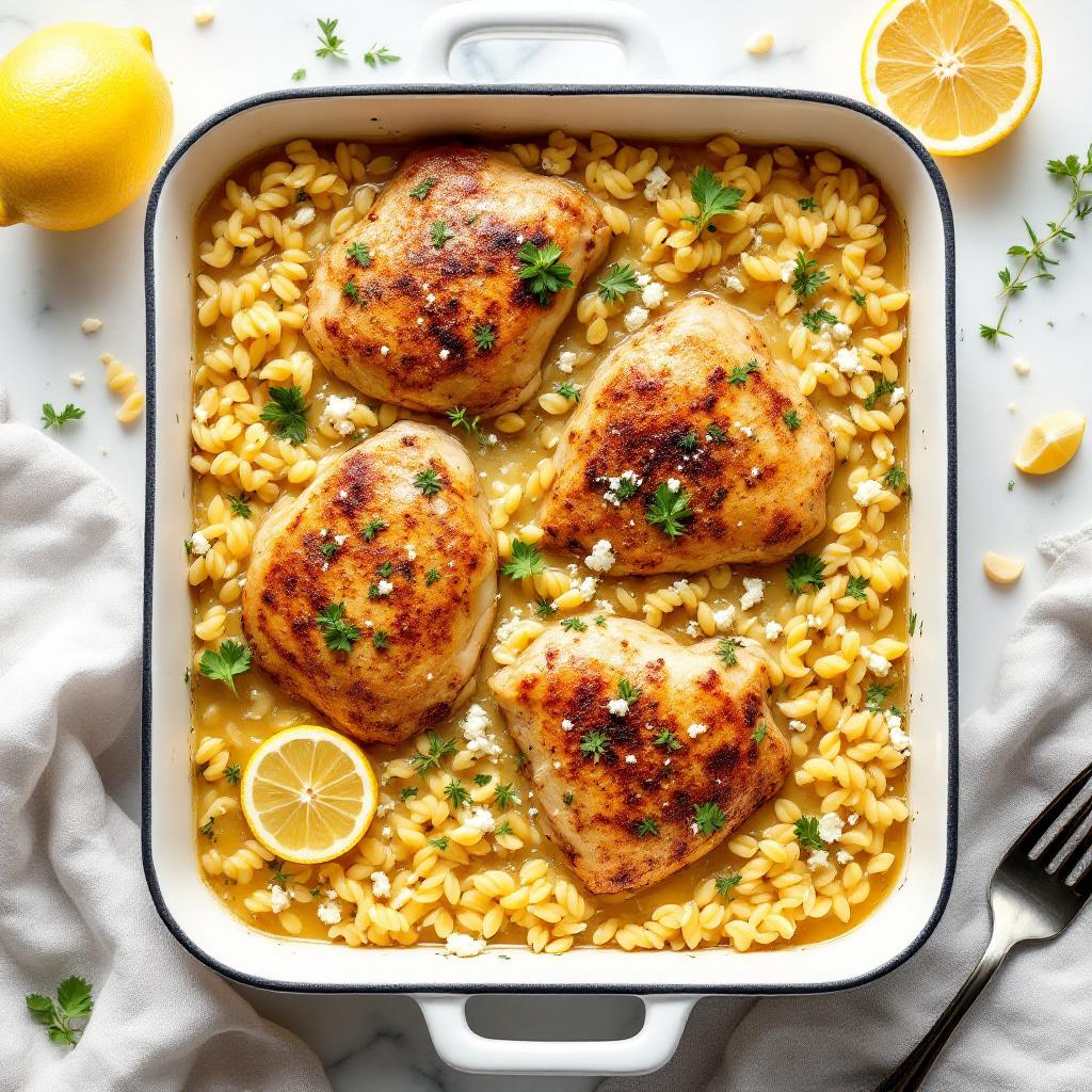 Greek lemon chicken thighs over orzo in a white enameled baking dish with lemon wedges, oregano sprigs, and crumbled feta