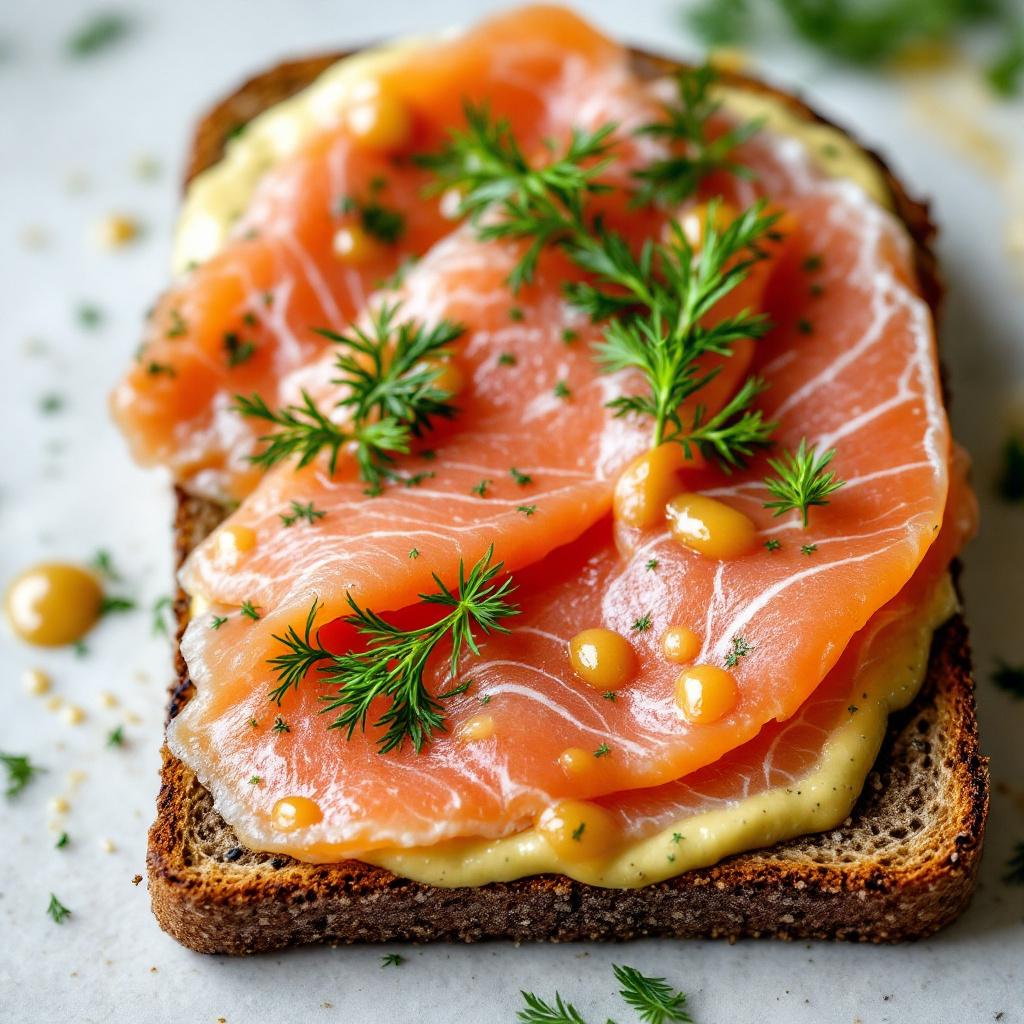 Close-up of cured gravlaks slices fanned across dark rye, topped with fresh dill fronds and a drizzle of mustard sauce