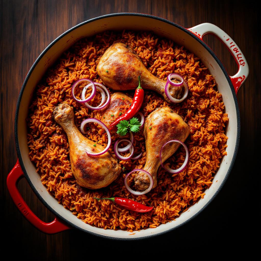 Nigerian jollof rice with bone-in chicken pieces in a deep red tomato sauce garnished with sliced red onion