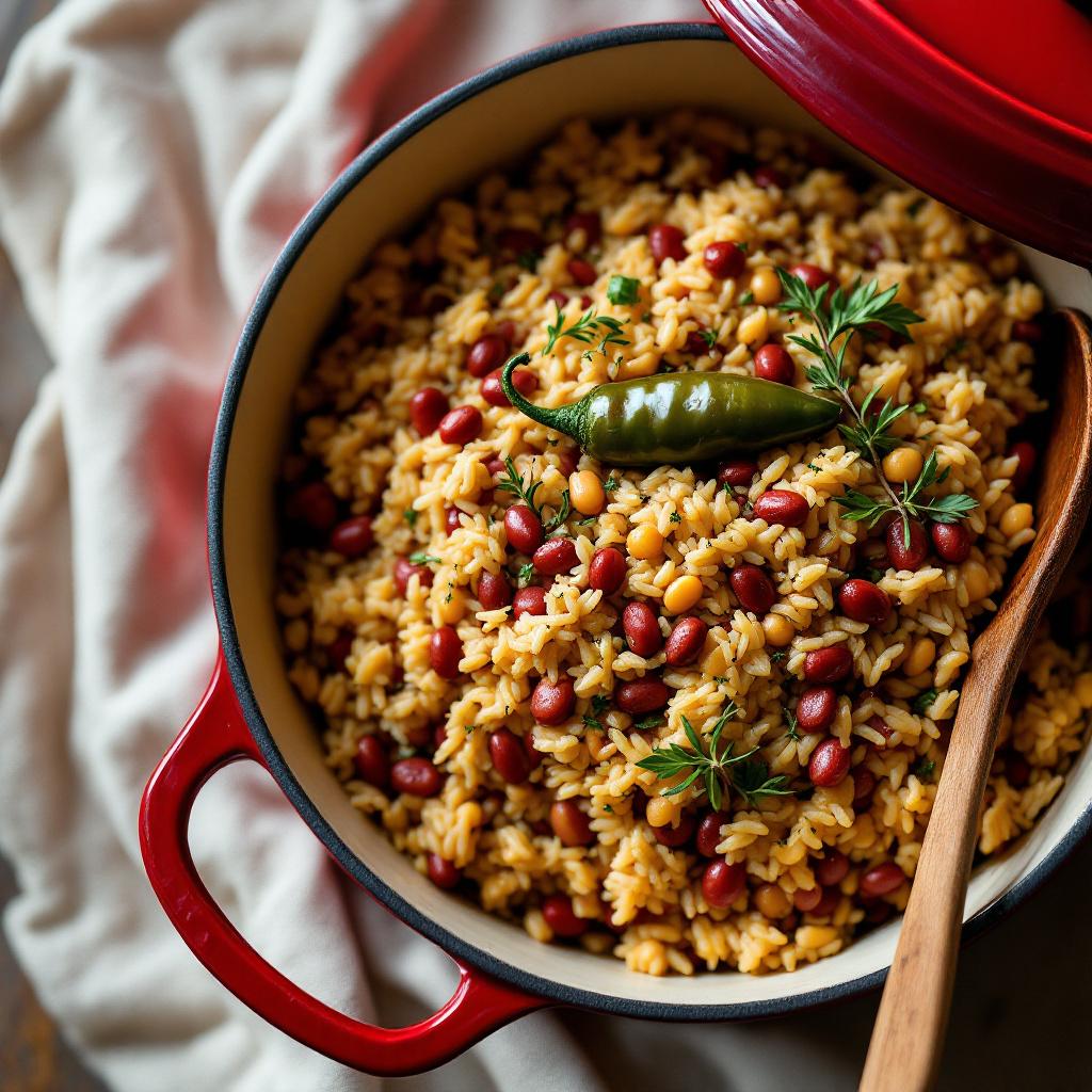 Jamaican rice and peas in a red enameled pot with thyme and a whole scotch bonnet on top