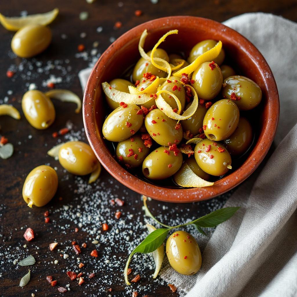 Marinated green olives with garlic, lemon peel, and herbs in a small bowl