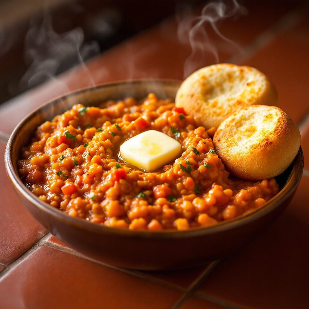 A Mumbai-style pav bhaji served in a shallow white bowl, glossy spiced vegetable mash bright orange-red with butter on top, two toasted bread rolls alongside, photographed from a 45-degree angle with steam rising, warm restaurant-style amber light