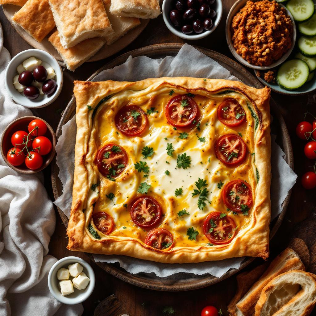Turkish breakfast spread with golden cheese borek pastry tomatoes and olives