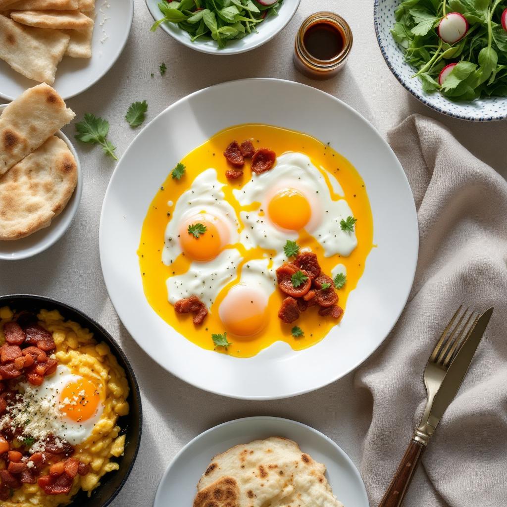 Egg focused Turkish breakfast with cilbir poached eggs in yogurt menemen and pide bread