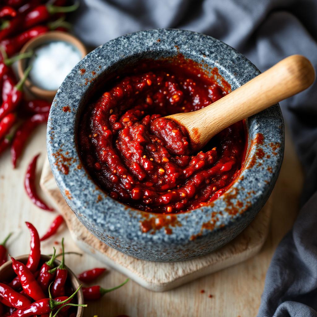 Deep red sambal oelek in a stone mortar with a wooden pestle and whole chilies