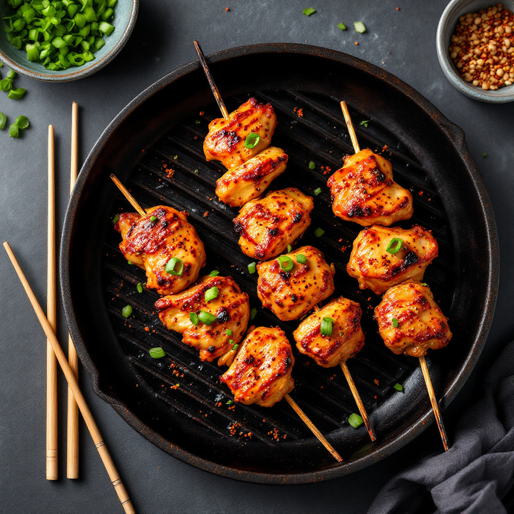 Japanese yakitori chicken thigh skewers on a small charcoal-style grill pan, glistening with tare glaze, garnished with shichimi togarashi and sliced spring onion, overhead shot on a dark slate surface with chopsticks alongside, sharp natural light