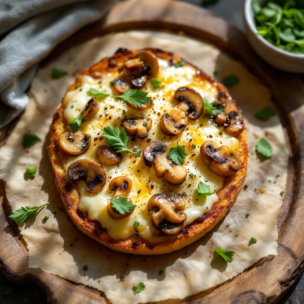 Sauteed mushroom tartine topped with melted Comte cheese and tarragon leaves