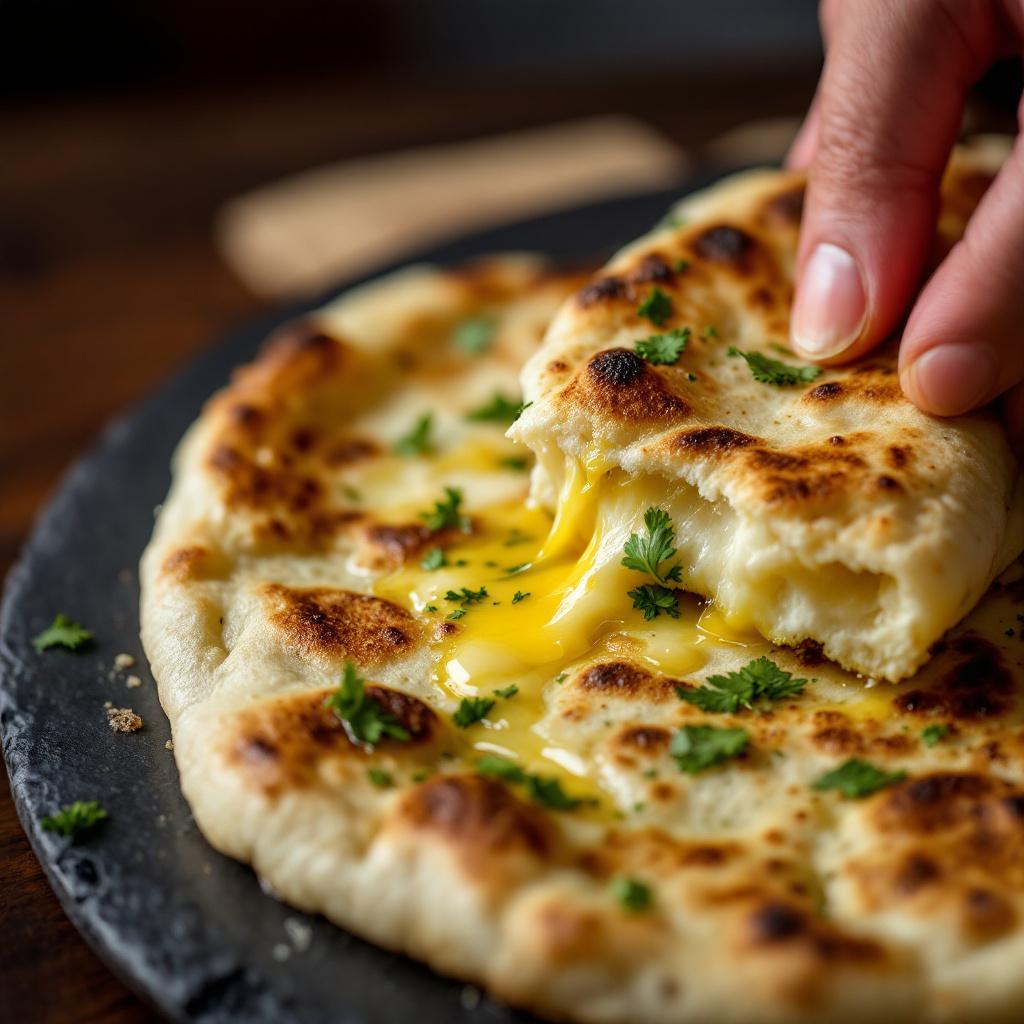 Hand tearing a blistered garlic naan with melted butter pooling on the surface