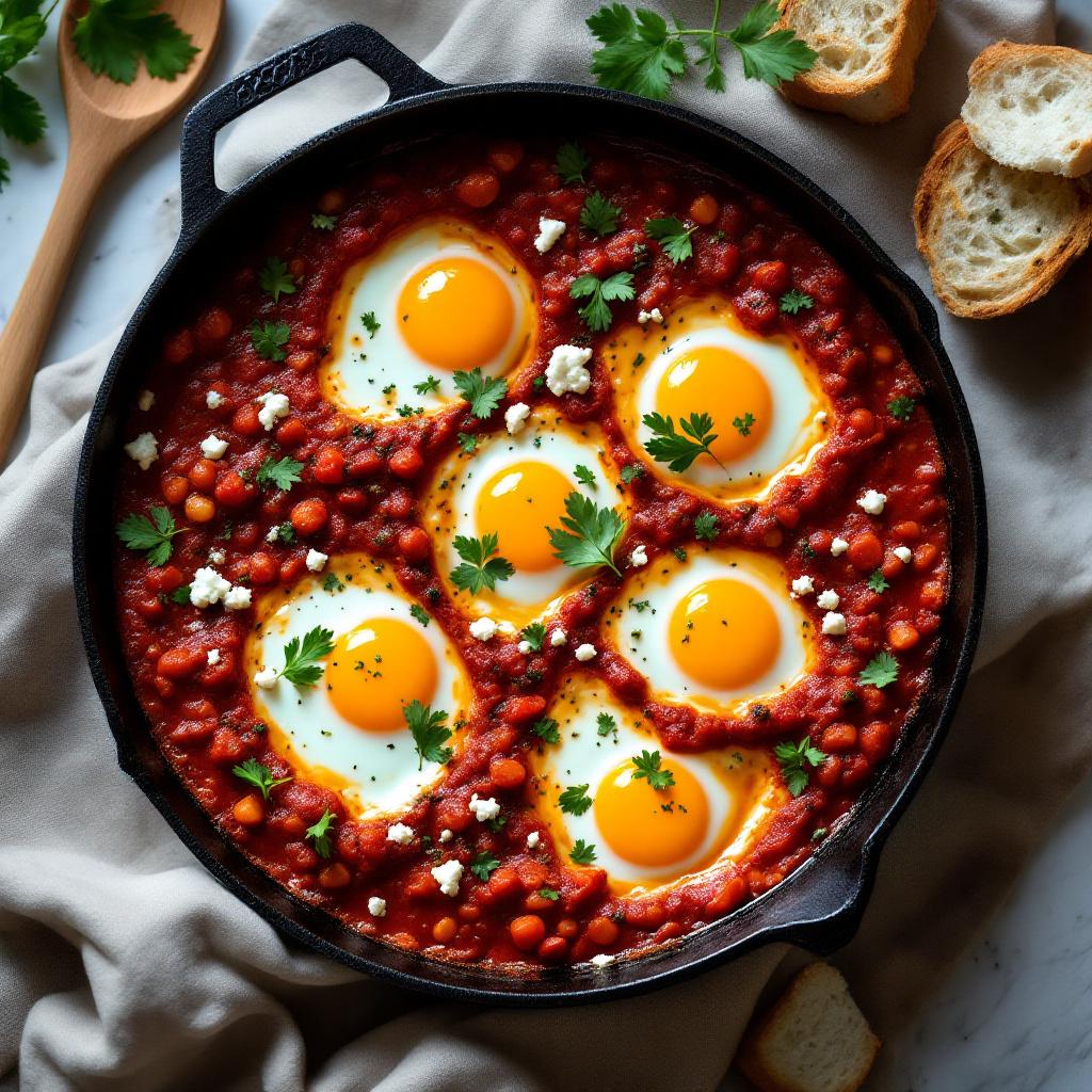 Shakshuka in a cast iron skillet with six poached eggs in tomato pepper sauce and torn bread