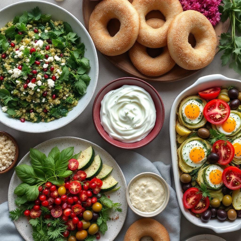 Large Turkish vegetarian breakfast spread with green bulgur salad yogurt dip baked eggs and simit