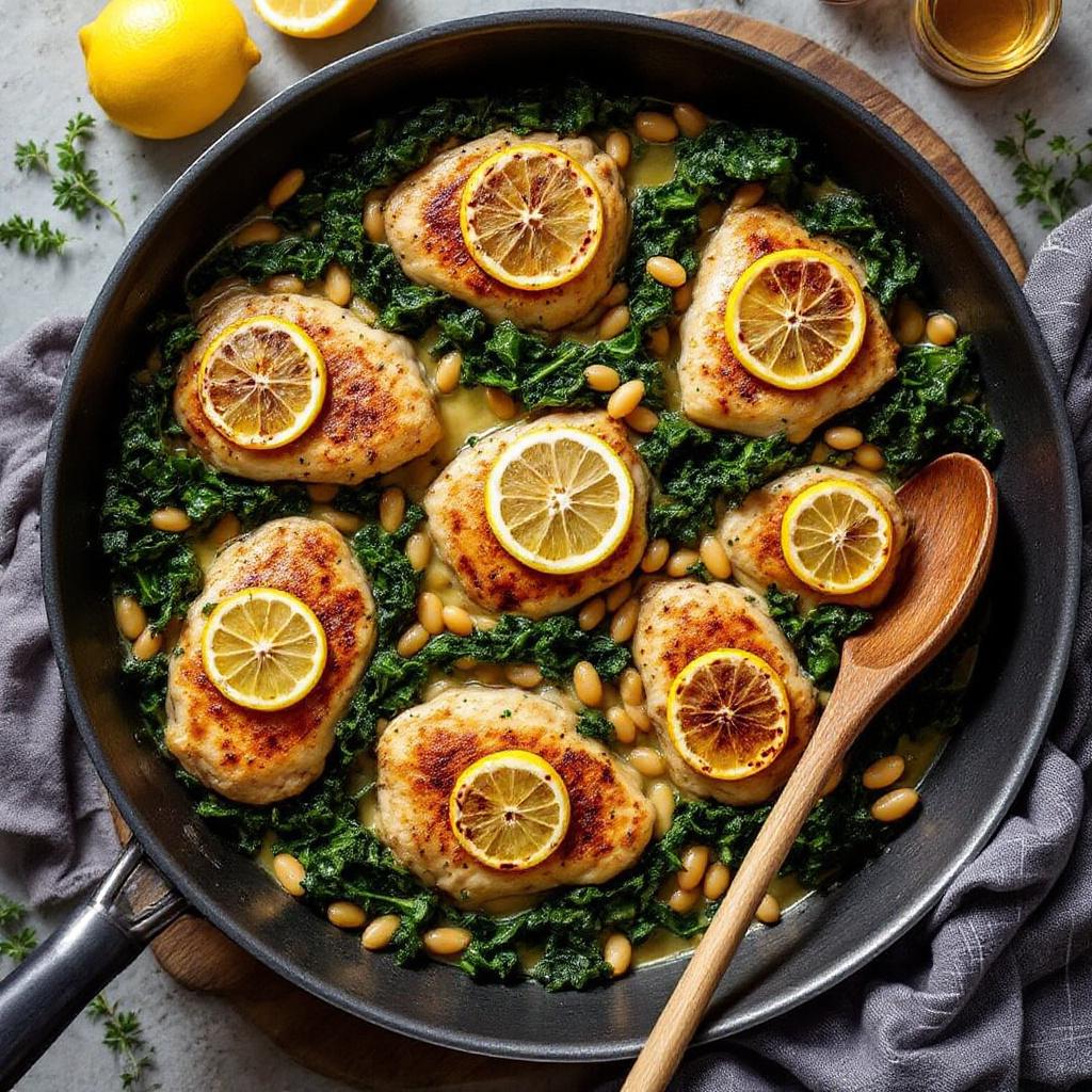 A wide skillet of golden seared chicken thighs with creamy white beans, wilted kale and lemon slices