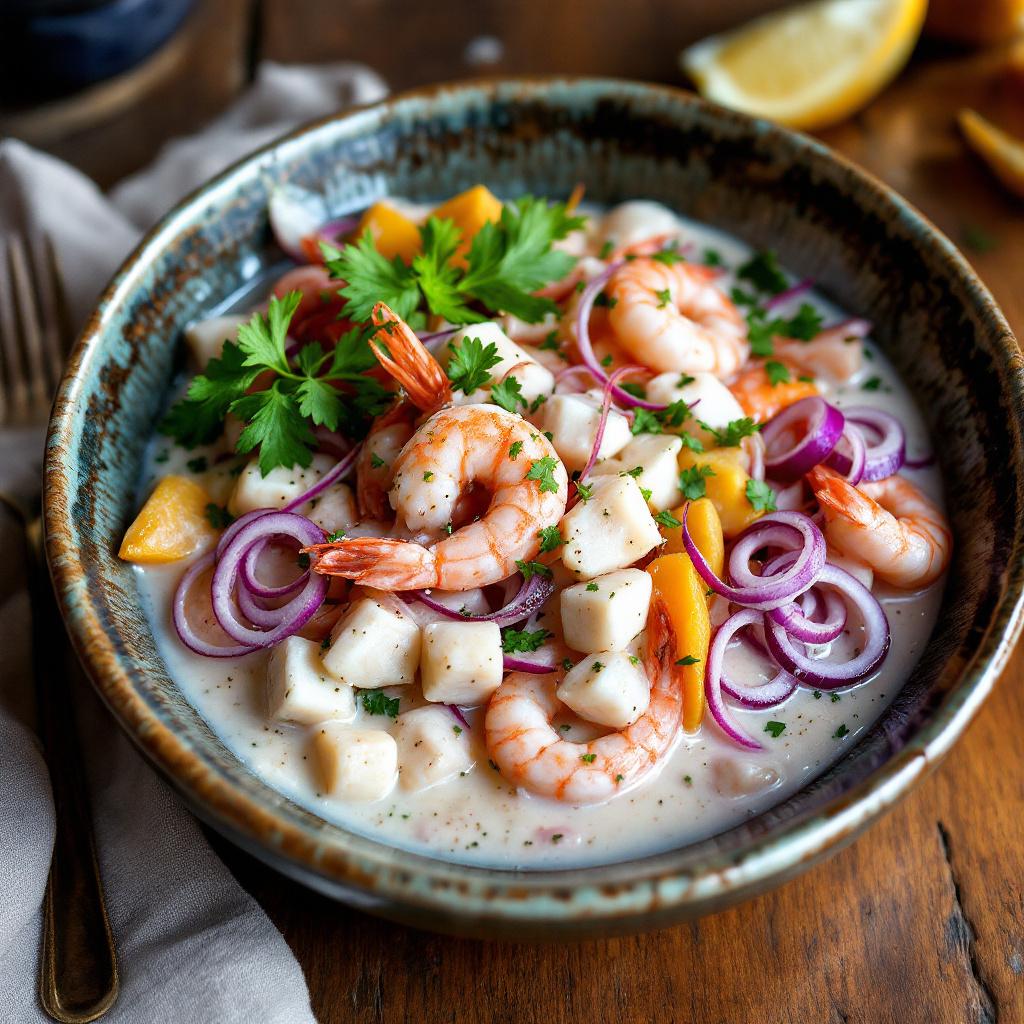 Ceviche mixto in a deep ceramic bowl with white fish cubes, pink shrimp, octopus rounds, red onion, and a pool of milky leche de tigre