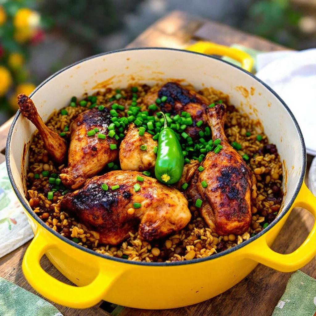 Trinidadian pelau with caramelized chicken and pigeon peas in a yellow enameled pot