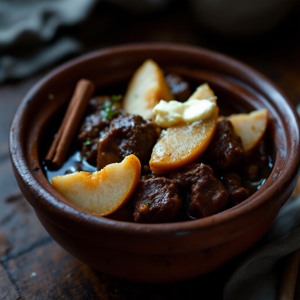 Beef tagine with quince wedges and cinnamon stick in a clay pot