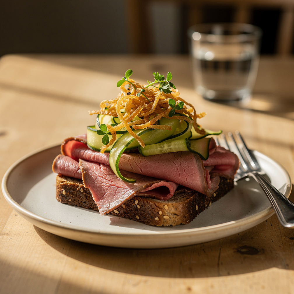 Cold roast beef slices fanned across dark rye, topped with quick-pickled cucumber ribbons, crispy fried onions, and a smear of remoulade