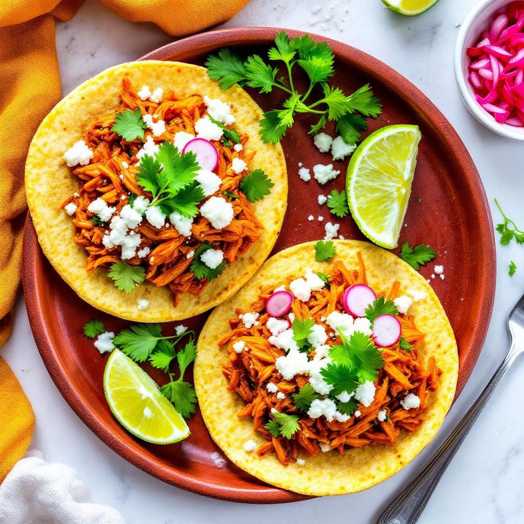 Soft corn tortillas filled with shredded chicken tinga, lime wedges and cilantro on a ceramic plate