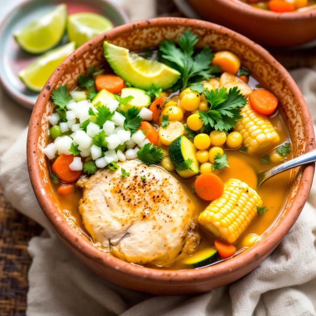 Mexican caldo de pollo in a rustic terracotta bowl with chicken corn carrots avocado and lime wedges