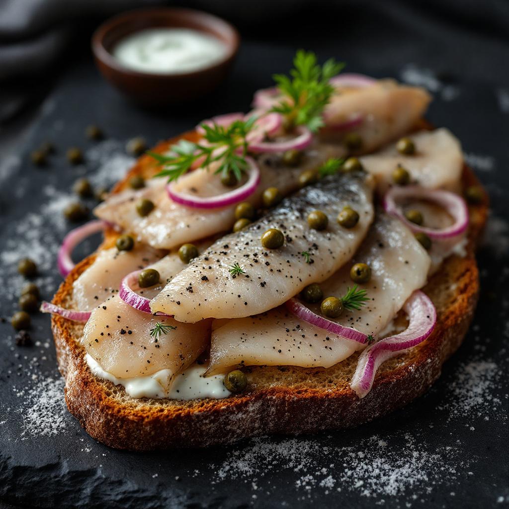 Glistening pieces of pickled herring on dark rye with thinly sliced red onion rings, capers, and a small dollop of sour cream