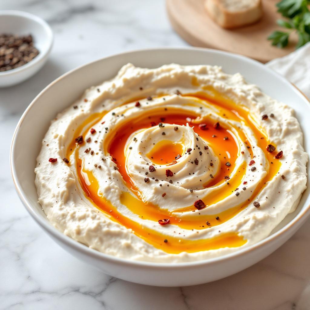 Whipped feta dip in a wide bowl with orange-red Aleppo chile oil pooled on top